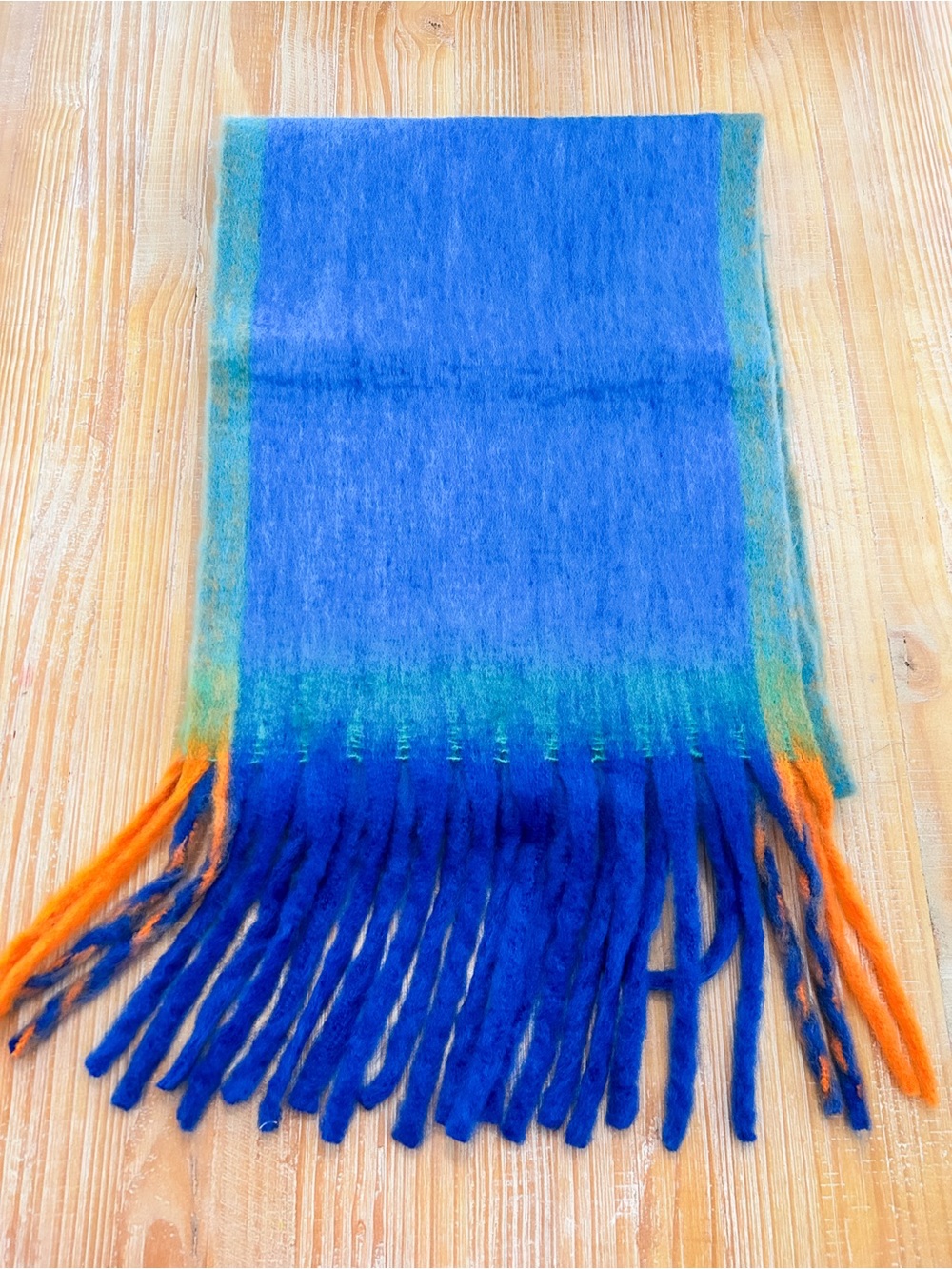 NWOT Boutique Cobalt Blue Colorblock Oversized Fringe Scarf Orange Accent